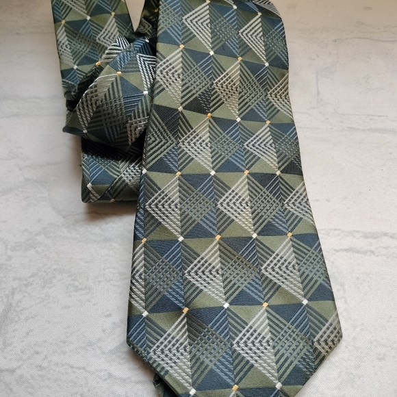 Murano Silk Necktie Tie Geometric Pattern X long Blue Green Made in USA Formal - Picture 8 of 9